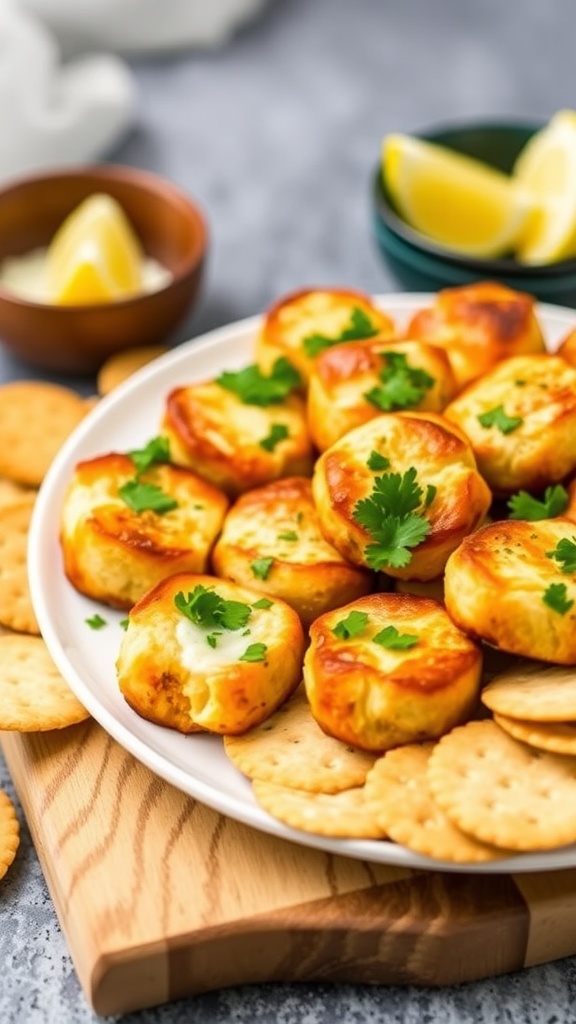 Garlic butter tuna bites on a wooden serving board, garnished with parsley and served with crackers and lemon wedges.